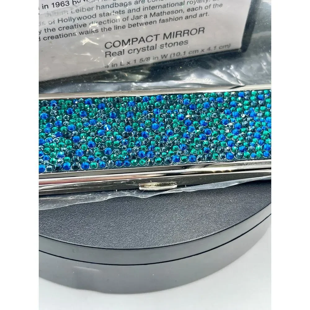 JUDITH‎ LEIBER Compact Mirror Slim Pocket Austria Crystal Green Blue Dots Silver